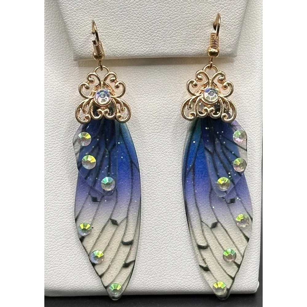 Fairy Earrings Butterfly Wings Handmade‎ Fantasy Elvish Nature Blue Rhinestones